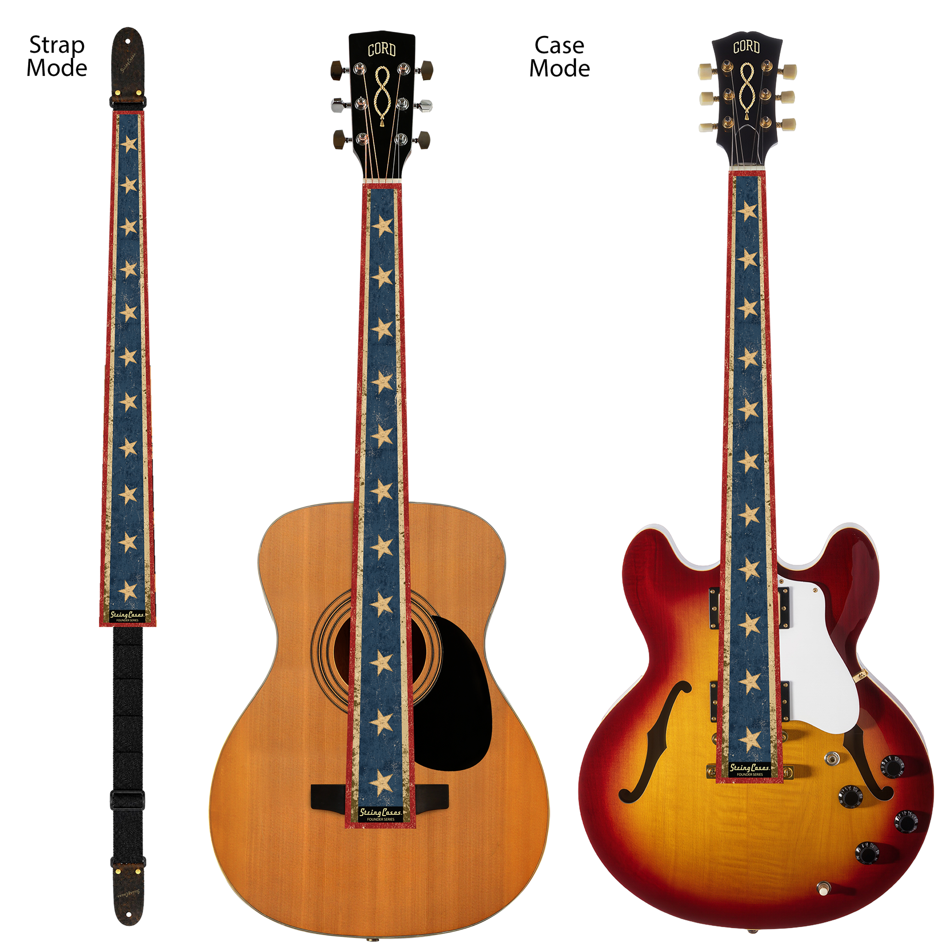 Guitar strap with red webbing, dark star pattern, and black adjuster ends