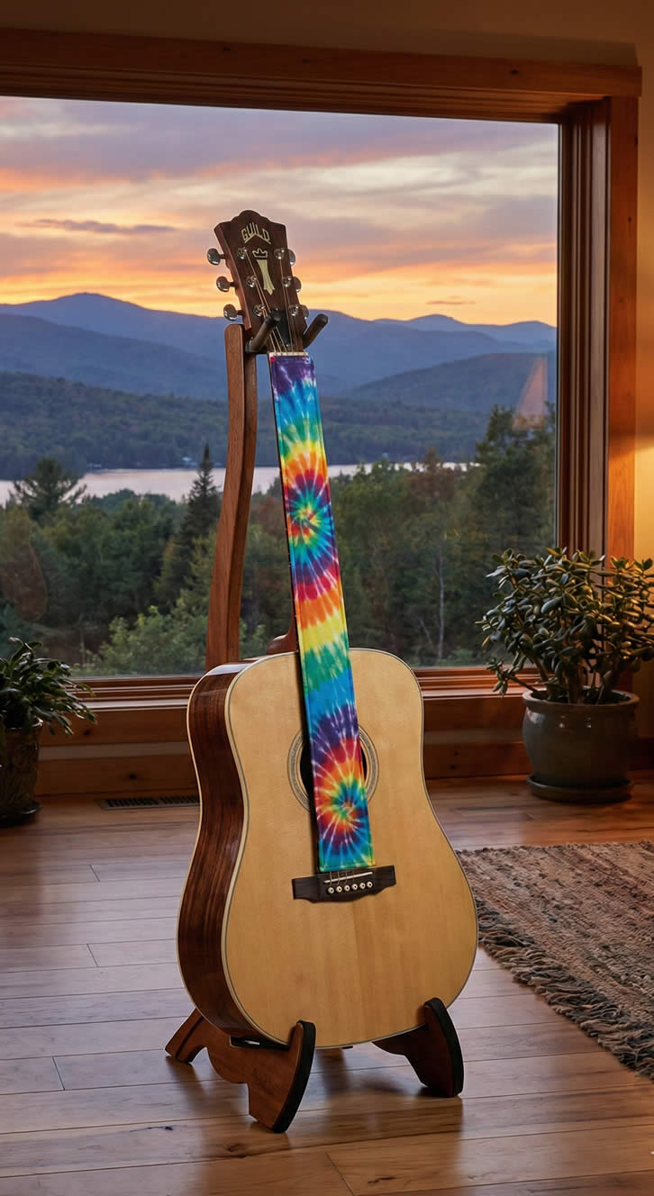 Acoustic guitar with a tie-dye string case design on a stand in a room with a large window view of mountains and a lake.

Details